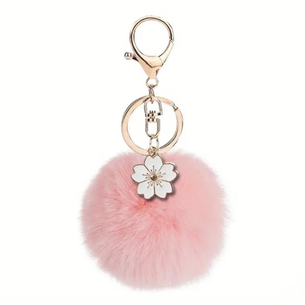Pink Pom Pom Bag Charm with White Flower NWOT